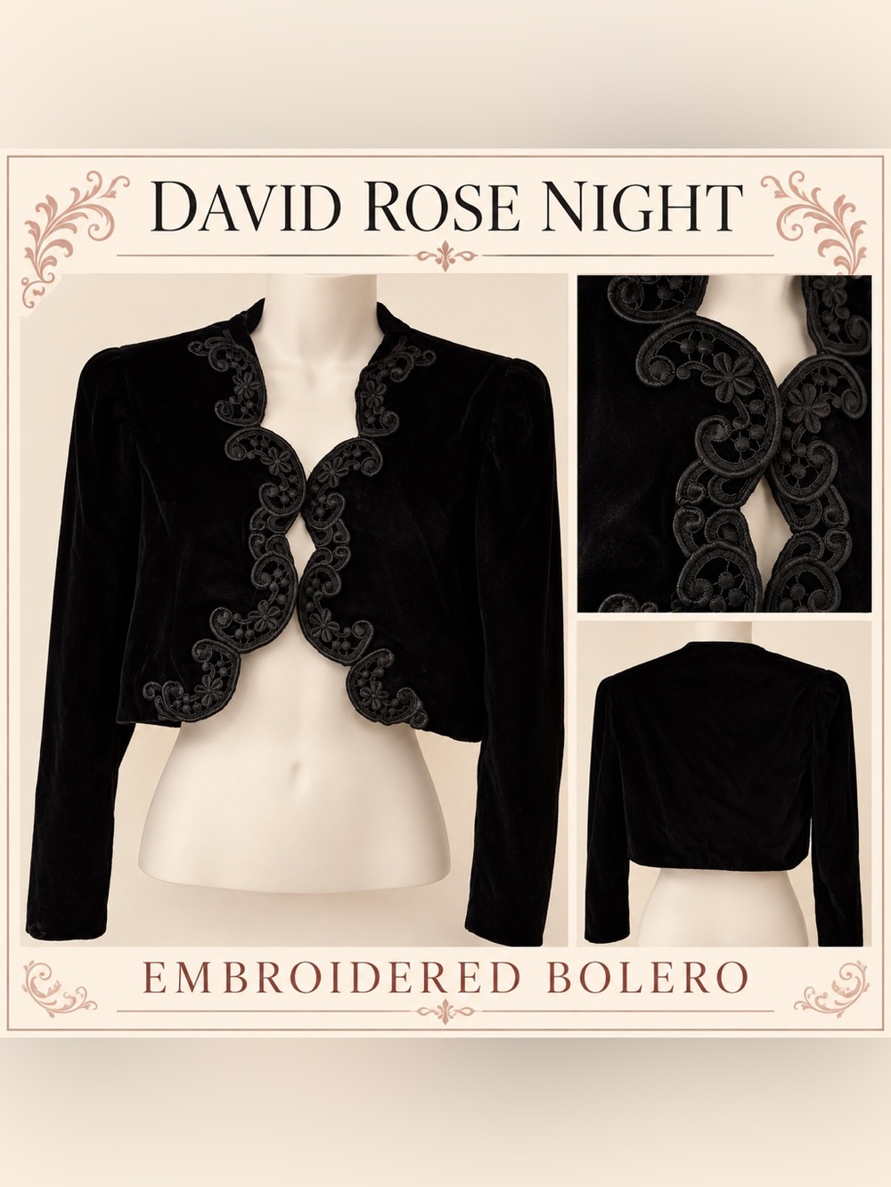 David Rose Night Black Embroidered Velvet Bolero Jacket Small